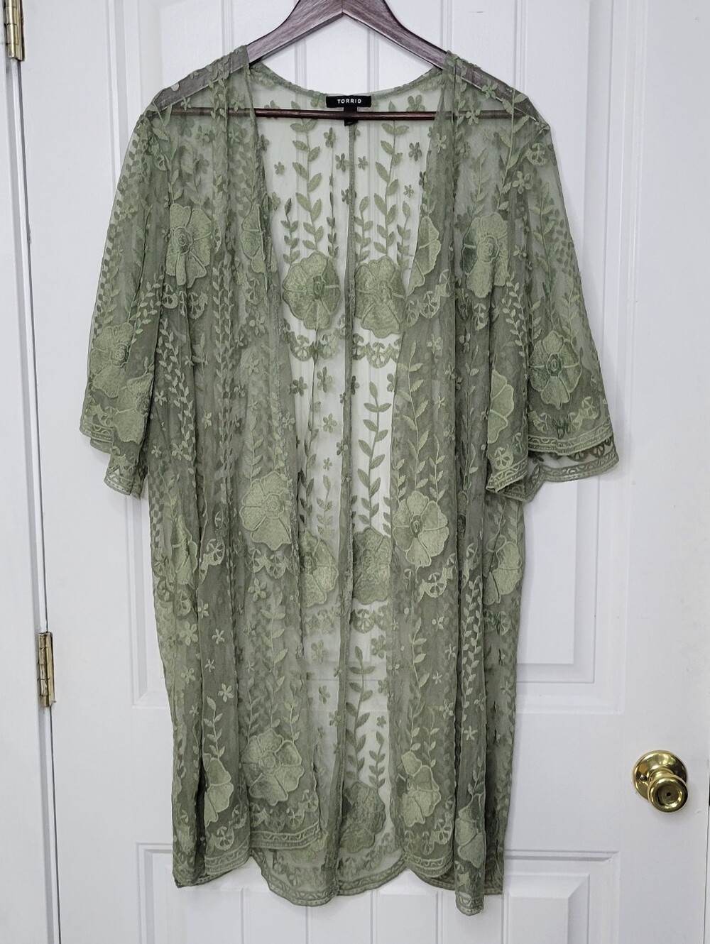 torrid olive green embroidered mesh kimono